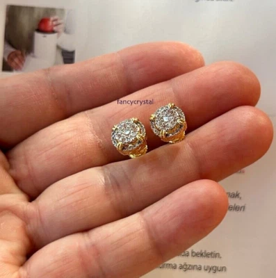 Mens 10K Gold VS2 Cut 0.05ct. Lab Diamond Screw Back Stud Earrings FULLY ICED