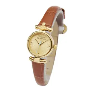 【Vivienne Westwood】金框 金面 放射造型錶盤 棕色皮革錶帶 小錶盤 女錶 23mm 母親節(VV090GDBR)