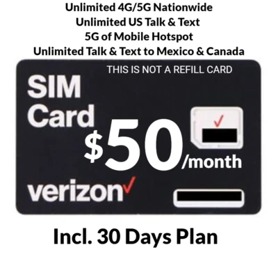 Verizon Prepaid $50 Unlimited SIM Card 5G / 4G Data Plan 5GB Hotspot For 30 Days