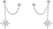 [Generic] Star Chain 925 Sterling Silver Earrings for Women Girls Hypoallergenic Double Piercing Studs Tassel Dangle Drop Fashion Chic Jewelry Gifts