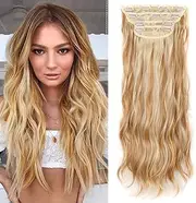 Saisifen Clips in Hair Extensions Long Wavy Synthetic Hair 20 Inch 4Pcs Hair Hairpieces Wave Clip on Double Weft for Women (20 Inches, Dark Blonde Mixed Bleach Blonde)