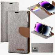 Goospery Canvas Apple iPhone 14 Pro Wallet Leather Case Denim Stand Flip Fabric Pouch Credit Card Slots Cover - Grey