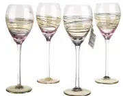 ION TAMAIAN Art Glass Wine Glass Amber Purple Set/4 Hand Painted Romania New