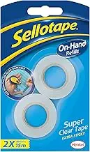 Sellotape On-Hand Refills, Extra Strong Adhesive Tape, Clear Tape Refills for Arts & Crafts, Strong Tape for The On-Hand Tape Dispenser, 18mm x 15m, Pack of 2