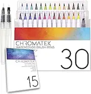 30 Watercolor Brush Pens, 15 Page Tutorial Pad and Online Video Series by Chromatek. Real Brush Tip. Vivid. Blendable. Professional Artist Quality. 27 Colors 3 Blending Water Brush Pens.