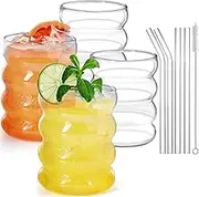 INFTYLE Ribbed Drinking Glasses with Straws, Set of 4, 300 ml Iced Coffee Glasses, Wave Glasses, Tumblers, Water Glasses, Long Drink Glasses, Glasses for Cocktails, Soda, Gift with Brush