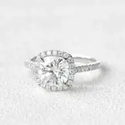 2.5CT Cushion Cut Halo Moissanite Starburst Wedding Ring 14K White Gold