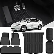 6Pieces Floor Mats for Tesla Model Y 5-Seat 2024-2020 Waterproof Antifouling Anti-Slip Front Rear Seat/Cargo Liner Floor Mats and Trunk Mats Interior Accessories for Model Y 2024