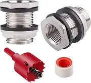 2 Pack Stainless Steel Bulkhead Tank Fittings, Double 3/4" GHT Male to 1/2" NPT Female Threaded Garden Hose Bulkhead Water Tank Connector with hole saw