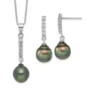 Solid Sterl Silver Black Tahitian Pearl CZ Necklace Post Dangle Earrings Set 17"