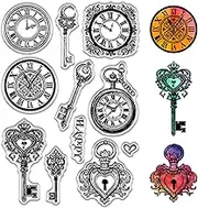 CRASPIRE Vintage Lock Key Clear Stamps Retro Clock Decorative Rubber Seal Stamp Gift Reusable Transparent Silicone for DIY Scrapbooking Journaling Card Making Invitation Sheet