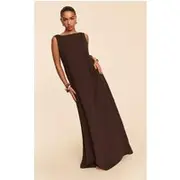 Chocolate Floaty Woven Boat Neck Maxi Beach Dress, Chocolate