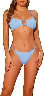 [Elerevyo] Women's 2 Piece Ribbed Solid Color Bikini Sets, Spaghetti Strap Backless Swimwear Bathing Suit Swimsuit Light Blue Small