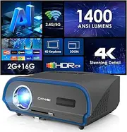 High Brightness Projector 1400 ANSI, HDR10+, 4K Support, WiFi6 & Bluetooth, Smart Android TV with Apps, HDMI/USB, for Daylight Viewing, Low Input Lag Gaming, Silent Bedroom, Wireless Presentation