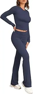 [Famulily] Women's Tracksuit Two Piece Outfit Skims Dupe Long Sleeve Fold-over Crop Top and Low Rise Flare Pants Set Lounge Sets S-L