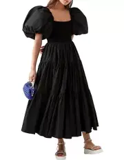 NEW Aje Casa Puff Sleeve Midi Dress Black, Stretch Bodice, AU/UK 10 US 6 RRP$475