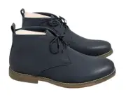 Toe Cap Mens 7 Navy Blue Chukka Boots Solid Leather Lace Up Round Toe Block Heel