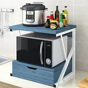 Wooden Microwave Oven Rack with Drawer, Countertop 2 Tier Microwave Stand Kitchen Storage Shelf Home Office Storage Stand Organizer for Printer and Microwave, Blue