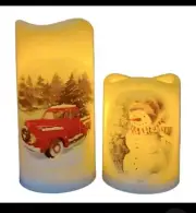 New Christmas White LED Pillar Candle with Car & Snowman Decal by Holiday Time