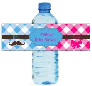 25 Gender Reveal Beau or Bow Baby Shower Celebration Water Bottle Labels 8"x2"