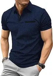 [VgueElegc] Men's Trendy Lapel Buttons Shirt Cotton Muscle T-Shirt with Button Relaxed Short Sleeve T-Shirts for Men, Navy Blue, Small