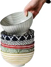 Set of 6, 6 Inch Ceramic Bowls Glazed Rice Bowls Microwave-Safe Colorful Dinnerware Set - Large Soup Bowls for Home Dining, Healthy and Non-Fading Kitchenware