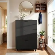 DIYART Black Shoe Storage Cabinet fit up to Shoe Size 16, Shoe Cabinet with 3 Flip Drawers, Wooden shoe Organizer for Entryway, Closet, Living Room