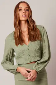 Green Crop Top Long Sleeve Textured - Size 8, Women's Crop Top