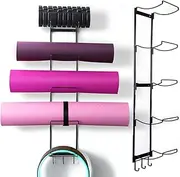 5-Tiers Yoga Mat Holder Wall Mount, Metal Storage Rack for Yoga Mat/Wheels, Foam Roller and Block etcs, Wall Rack Organizer with 3-Hooks for Hanging Stretching Strap & Resistance Bands, Yoga Room/Home Gym Decor
