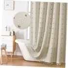 Boho Farmhouse Beige Fabric Shower Curtain, 72x72 Tufted Pleat Floral Puffs