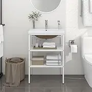 Bathroom Washbasin Frame with Built-in Basin White Iron,White Complimentarystanding Bathroom Vanity with Builtin Ceramic Sink and Overflow Drain Vanity Suites
