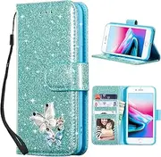 UEEBAI Wallet Case for iPhone 7 Plus/iPhone 8 Plus, Premium Glitter PU Leather Phone Case Card Slots Kickstand Case Magnetic Closure Bling Handbag Case Shockproof Hand Strap Flip Cover - Mint Green
