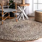 [Aizza Trends] Indian Handmade Braided Jute with Black White Cotton Area Rug-Floor Carpet Rug-Bed Side Runner Rug-Doormat Rug - 6 x 6 Feet Round (180 cm x 180 cm)