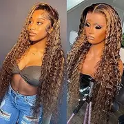 Daules 13x4 Highlight Deep Wave Lace Front Wigs Human Hair Ombre 13x4 Honey Blonde Curly Lace Frontal Wig for Women 180% Density Glueless Wigs 4/27 Color Natural Hairline 24inch