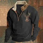 Men's Hunting Deer Sweatshirt Quarter Zip Long Sleeve Pullover Vintage Winter Tops with Stand-Up Collar Half Zip Reindeer Print Loose Fit Daily Streetwear Thi