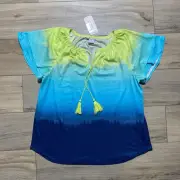 Allison Daley Womens Ombré Style Flutter Sleeve Top Size Small Green Blue