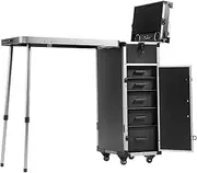 VEVOR Professional Makeup Train Case Aluminum Cosmetic Case, Workbench with Supporting Legs, Rolling Makeup Case Extra Large Trolley Makeup Travel Organizer, with 360° Swivel Wheels, Black