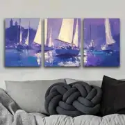 3pcs Sailboats at Sea Purple Blue Nature Perfect Wall Art Canvas Framed 50x70cm