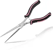LEONTOOL Extra Long Needle Nose Pliers For Jewelry Making 7 Inches Small Needle Nose Plier with Teeth for Fishing, Precision Jewelry Making Supplies for Small Object Gripping, Pink Tool for Women