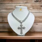 Luxury 10mm Miami Cuban Chain Prong Settings Real Silver Plated- Cross Pendant