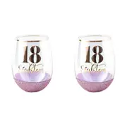 2PK 18th Glitter Stemless Purple 600ml Drinking Cup Novelty Print Event Glass