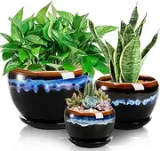 AVLA 3 Pack Ceramic Flower Pots, Gardening Drip Glazed Planter, Plant Pot with Drainage Hole and Saucer, 7/5/4 Inch Rustic Houseplant Container for Succulent Herbs Cactus Orchid, Home Indoor Outdoor
