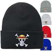 One Piece Beanie Hats Knitted Cap Luffy Embroidered Skull Crossbones Warm Stretchable Anime Accessories Unisex