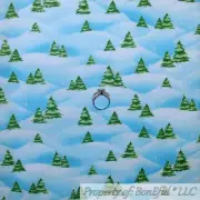 BonEful FABRIC FQ Cotton Quilt Light Blue Cloud Sky White Scenic Green Xmas Tree