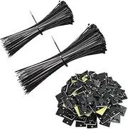 Set of 300 Ultra Strong 0.2 Inch Width Cable Ties and Cable Tie Mounts, SourceTon 100 PCS 8 Inch Cable Zip Ties, 100 PCS 12 Inch Cable Zip Ties & 100 PCS Wire Tie Base Holders (25mm x 25mm, Black)
