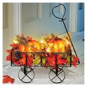 New Lighted Metal Pumpkins (2) Wagon with Leaves and Berries, Fall, Thanksgiving
