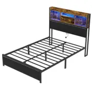 Advwin Bed Frame Queen Size with Charging Station & LED Storage Bookcase