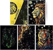 Scratch Paper Art - Handmade Luminous Scratch Pads Set of 4,Craft Art Supplies, A4 Size Coloring Drawing, Graffiti Cards Toys, Landscape and Animal