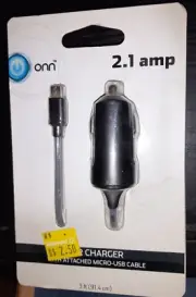 Onn 2.1 Amp CAR CHARGER with Attached MICRO-USB CABLE ~NEW~ Factory Sealed