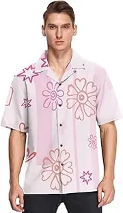 [GuoChe] Hawaiian Short Sleeve Button Shirt for Men Valentine's Day Hearts Flowers Stars Light Pink Activewear ropa Casual para